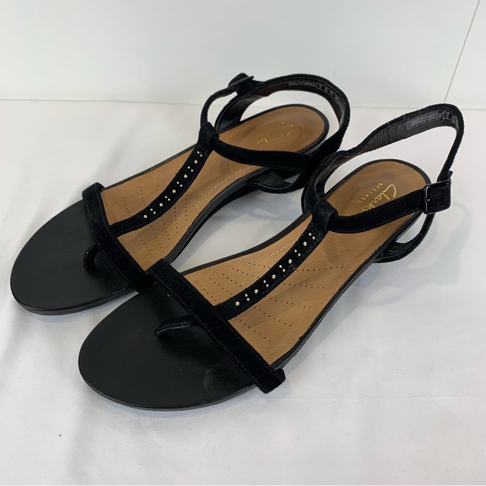 Clarks Artisan Parram Blanc Black Suede Studded Sandals Low Wedge Heel 8.5 Thong